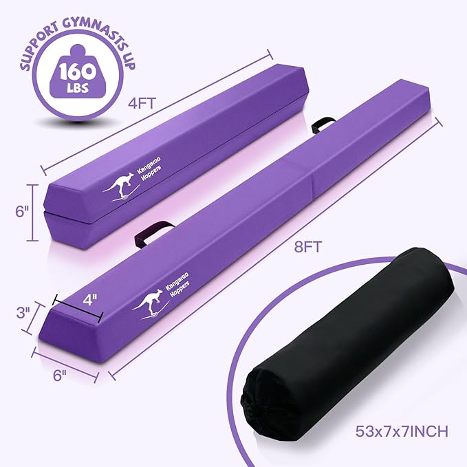 Kangaroo Hoppers 8FT Kids Balance Gymnastics Beam for Kids, Folding Extra Firm Foam Floor Beam for Beginners, Home Training Equipment with Anti-Slip Base, Carrying Bag