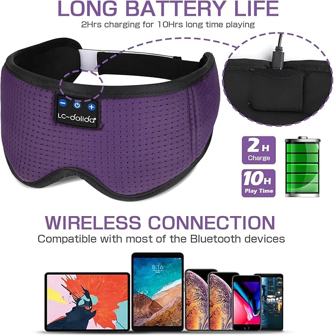 LC-dolida Bluetooth Sleep Mask,Wireless Bluetooth Sleep Mask,Sleep Headphones,Ideal for Travel,Night Work,Napping,Side Sleeping and Office Use for Both Men and Women,Earplugs Included