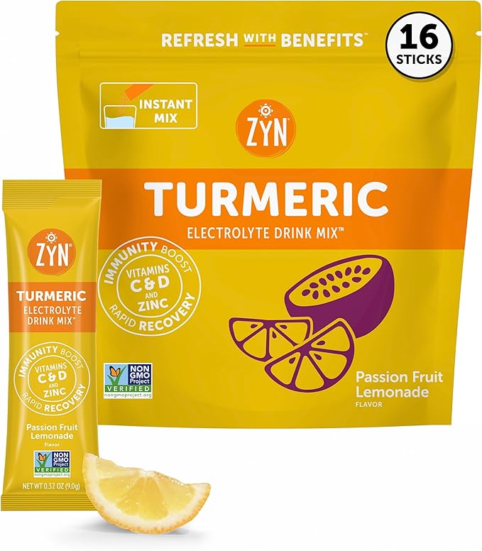 ZYN Electrolytes Powder Hydration Packets with Vitamins, Zinc & Turmeric Curcumin for Gut Health, Immune Support, Low Sugar Electrolyte Drink Mix Packets with Piperine, Passion Fruit Lemonade, 16 Pack
