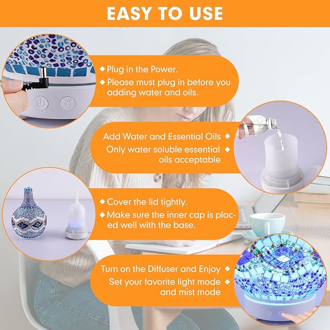 Tiffany Essential Oil Diffuser,Mosaic Glass Aromatherapy Diffuser Cold Air Ultrasonic Diffuser Turkish Moroccan Essential Oils for Diffusers for Home Office SPA