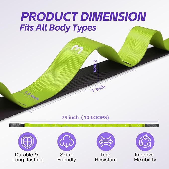 Stretching Strap with Loops - Non Elastic Yoga Straps for Physical Therapy, Durable Stretch Bands for Exercise, Flexibility Training, Hamstring & Leg Stretcher, Yoga/Pilates/Gymnastics