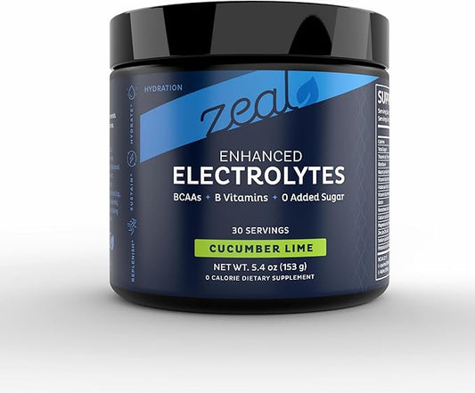 Zeal Electrolyte Powder Recovery Drink (30 Servings | Cucumber Lime) w 0 Sugar +BCAAs +B-Vitamins Electrolyte Supplement w Potassium Zinc & Magnesium for Hydration - Keto Electrolytes