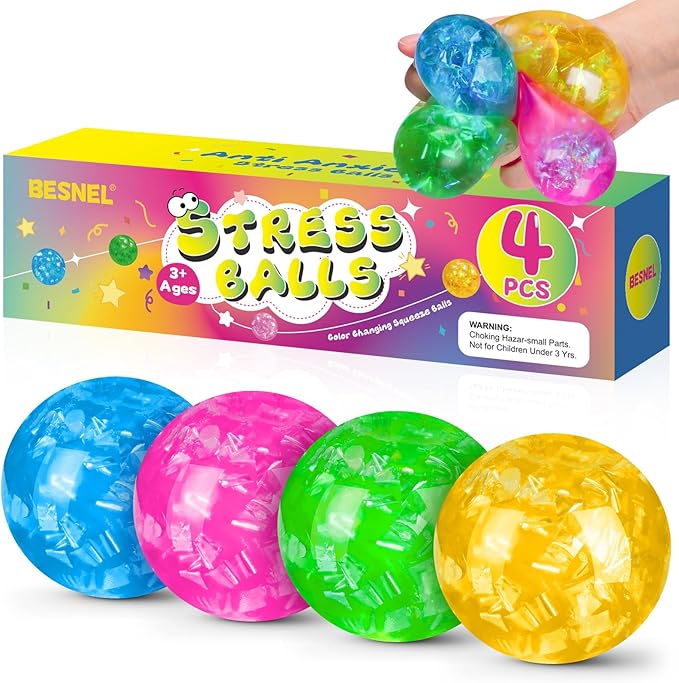 Stress Balls 4 Pack for Adults and Kids, Glitter Squeeze Toys, Sensory Toys for Kids with Autism, Squishy Fidget Toys for Stress and Anxiety Relief, Prize for Classroom