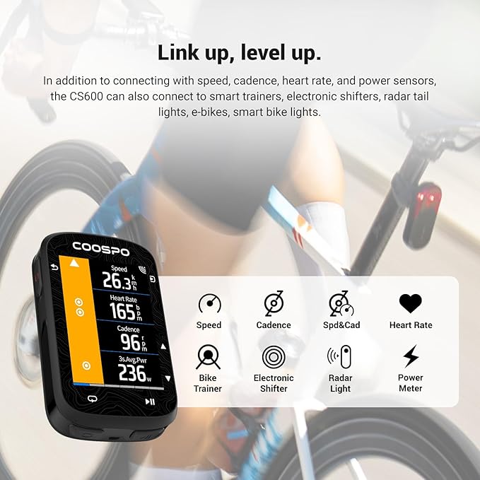 COOSPO Color Touchscreen GPS Bike Computer CS600, Wireless IPX7 Waterproof Cycling GPS Speedometer with Bluetooth/ANT+, Backlight Route Navigation, Support Bike Radar & 36H Battery Life