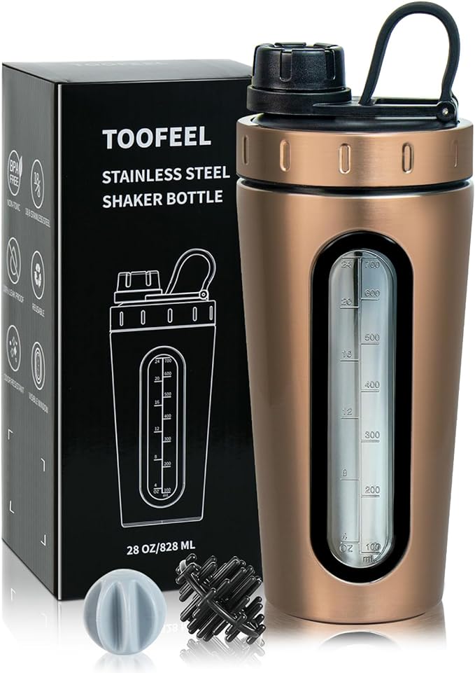 TOOFEEL Stainless Steel Shaker - 28 oz Protein Shaker Cup With 2 Whisk All, Visible Window, Leakproof, Not Cold/Hot, For Gym Workout