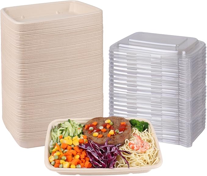 20 oz Rectangle Disposable bowls with lids,Sugarcane Fibers Bowls take away food containers Plant Fibers Freezer Safe 50 Pack