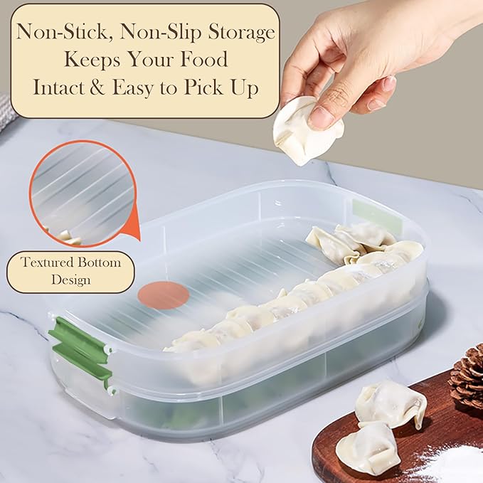 4-Layer Dumpling Storage Container – Freezer Organizer with Smart Timer, Good Sealing, Stackable Food Containers, Anti-Stick Base & Clip Lid (Green Lid & Transparent Box)