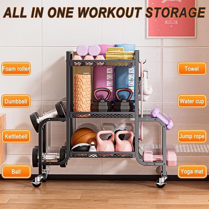 Dumbbell Rack, Adjustable Weight Rack with Hooks and Rolling Wheels, Workout Equipment Storage, Home Gym Storage for Dumbbell Yoga Mat Foam Roller Kettlebells Resistance Bands
