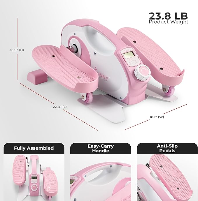 Sunny Health & Fitness Sitting Under Desk Pedal Exerciser, Portable Training Machine for Senior Exercise, Home Workout Elliptical & Bike, Optional Free SunnyFit App Connection, Motorized, or in Pink