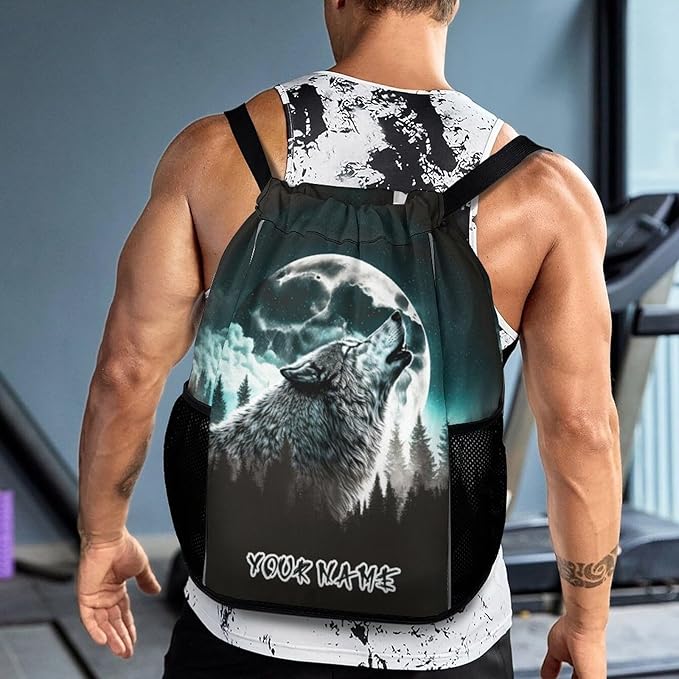 Custom Wolf Drawstring Backpack - Cute Cinch Sack, String Backpacks with Pocket for Women Men Kids Boys Girls for Gym Outdoor Sports Travel Athletic Drawstring Bag - Lightweight/Foldable