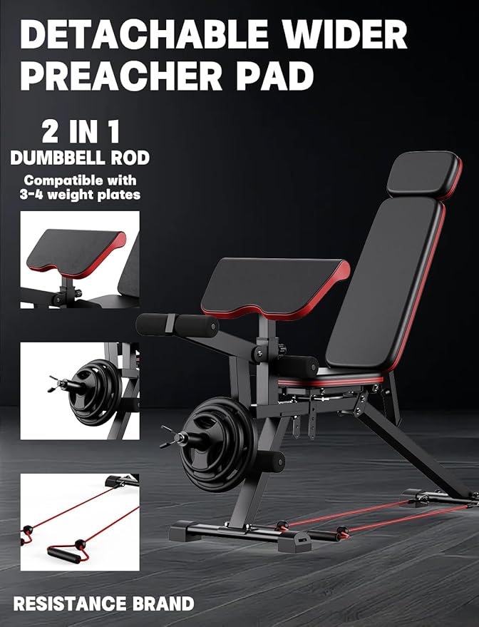 CRYSTAL FIT Adjustable Weight Bench, Professional Workout Bench with Leg Extension and Leg Curl, Heavy Duty Benches with Resistance Bands, Full Body Strength Training for Home Gym