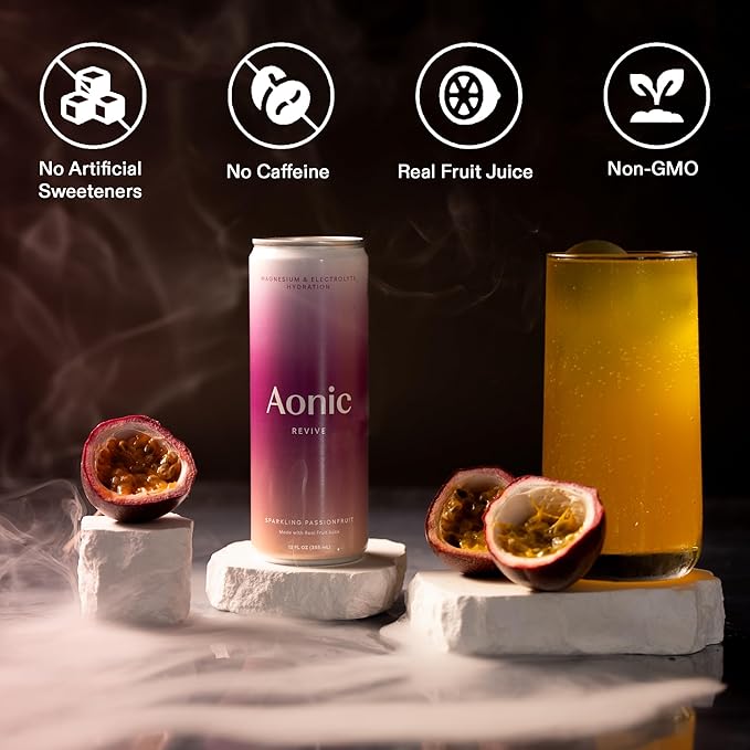 Aonic Revive Sparkling Passionfruit – Electrolyte Hydration with Magnesium + Potassium, Delicious Taste, Real Fruit Juice, 12oz (12 Pack)