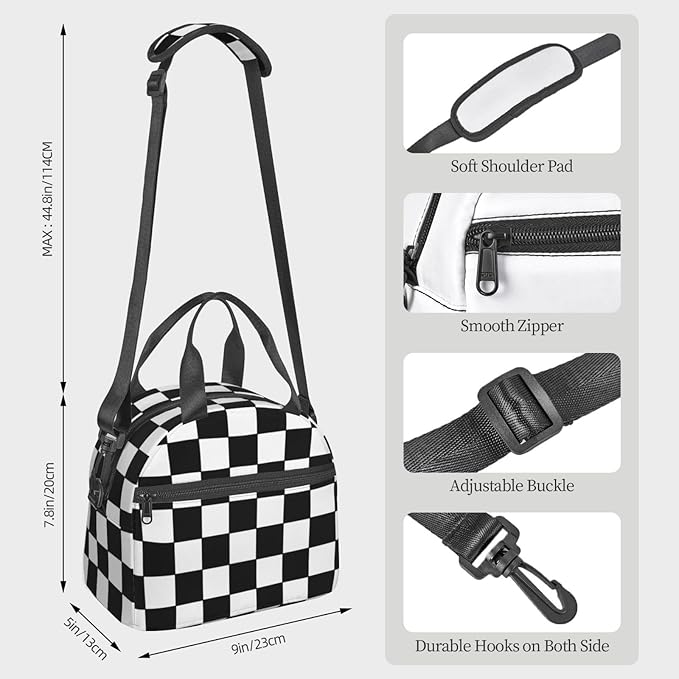 Black White Checkered Reusable Insulated Lunch Box Waterproof Lunch Bag with Detachable and Adjustable Shoulder Strap for Office Picnic or Travel
