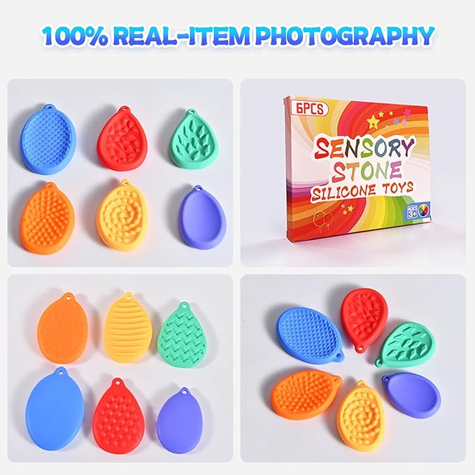 Fidget Toys Sensory Stone for Kids, 6-Piece Kids Stress Relief Toy Set - Silicone Textured Worry Stones, Ideal for Autism Calming and Anxiety Relief for Students, Birthday Return Gifts Treats