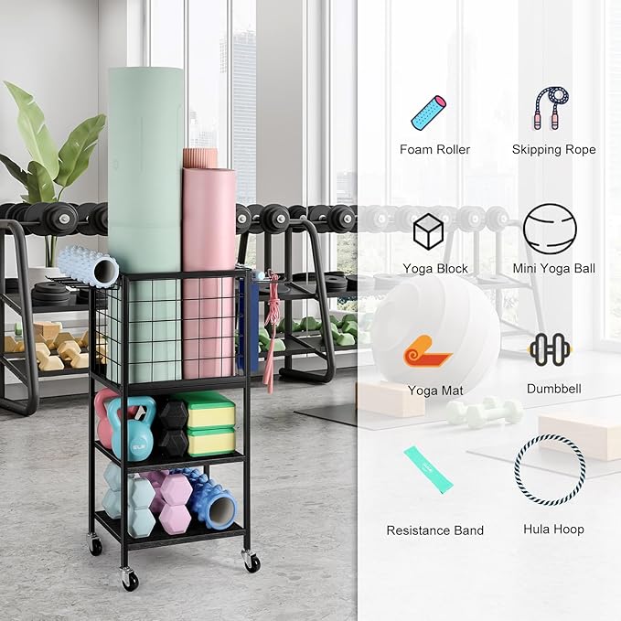 Weight Rack for Home Gym Dumbbells Yoga Mat Storage Rack Cart Small Metal Wood Home Gym Workout Equipment Storage with Hooks for Yoga Block Foam Rollers Resistance Bands