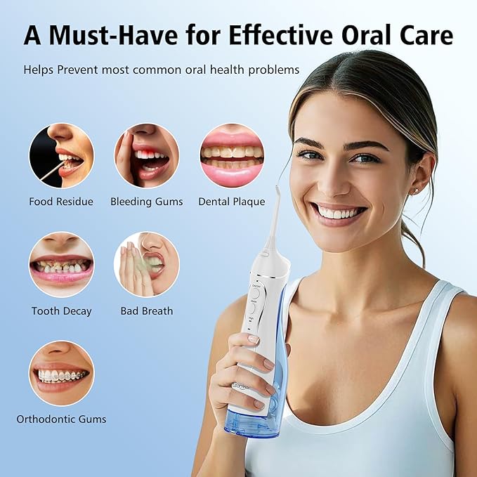 Leominor Water Dental Flosser Pick for Teeth, 300ML Portable Oral Irrigator Upgraded Tank Removable,IPX7 Waterproof, Rechargeable Travel Teeth Cleaner, Professional Electric Flossing (Blue White)