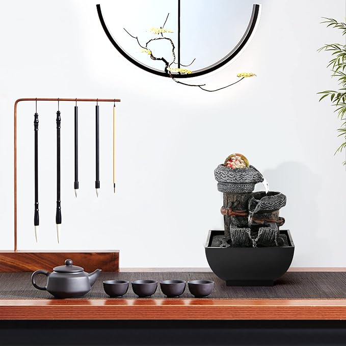 Dyna-Living Tabletop Water Fountain Waterfall Fountain Indoor with Lights Rolling Ball Feng Shui Water Fountains for Home Decor