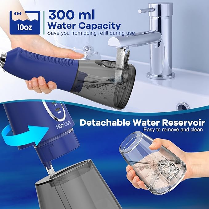 H2ofloss Water Dental Flosser Pick for Teeth: 5 Modes Cordless Portable 300ML Larger Tank Water Teeth Cleaner IPX7 Waterproof Flossing Cleaning Picks for Home Travel Dark Blue