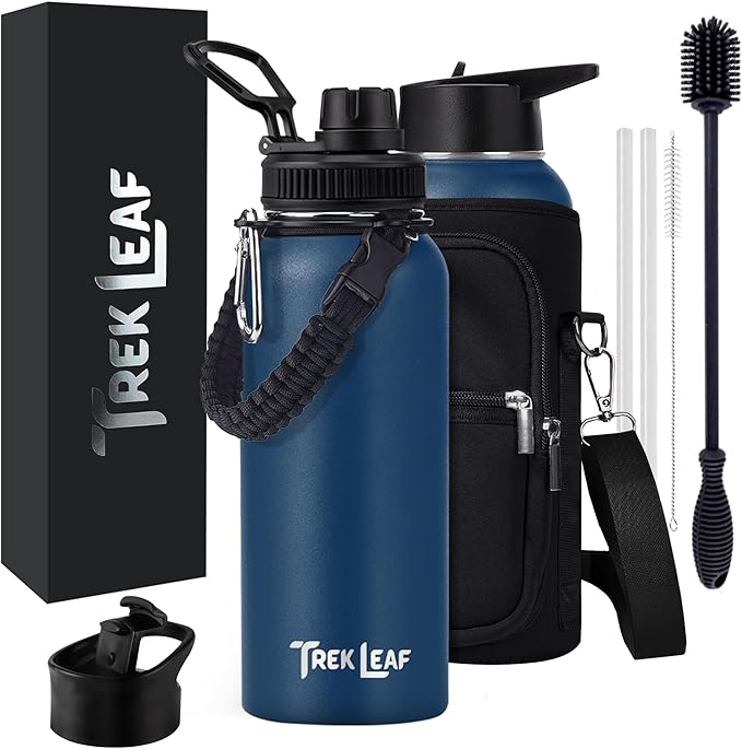 Travel Water Bottle with Carrying Bag, 3 Lids (Spout, Straw, Flip), and Bottle Brush; Leak Proof, Quality, Vacuum Insulated, Stainless Steel (Navy Blue, 32 oz)