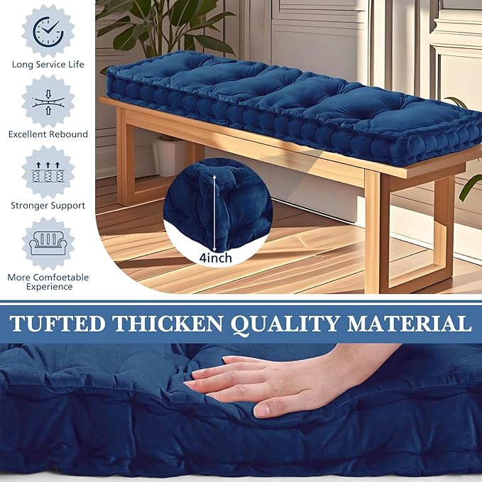 Bench Cushions for Indoor Furniture 42x16 in Velvet Kitchen Dining Piano Window Seat Cushion, Tufted Patio Porch Swing Thicken Bench Pad Memory Foam(Royal Blue)