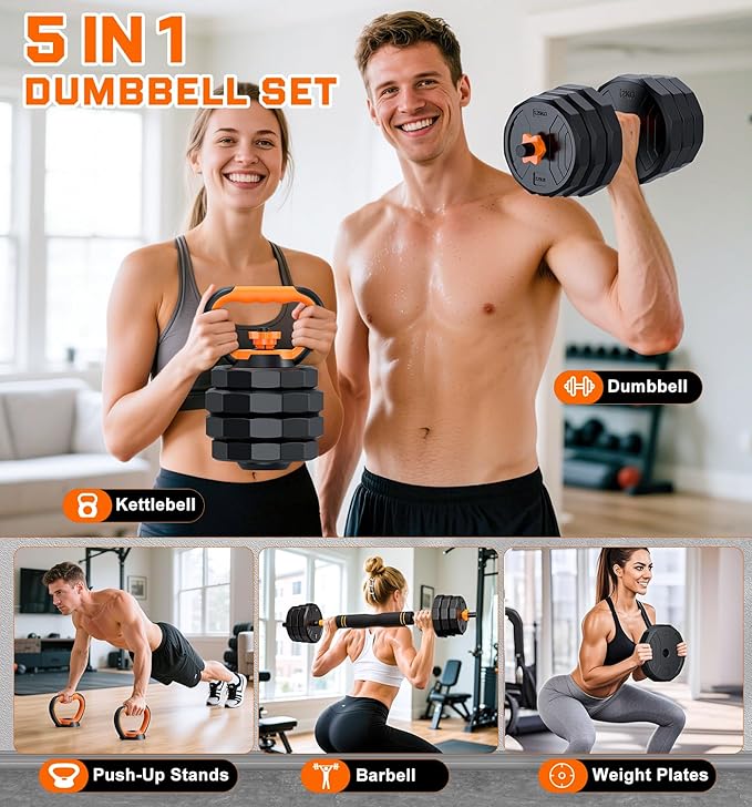 5-in-1 Adjustable Dumbbell Set, 33/44/66/88lbs Free Weights Set with Connector, Used as Kettlebells, Barbell, Push up Stand, Standard 1" Plates, Fitness Exercises for Home Gym Suitable Women/Men