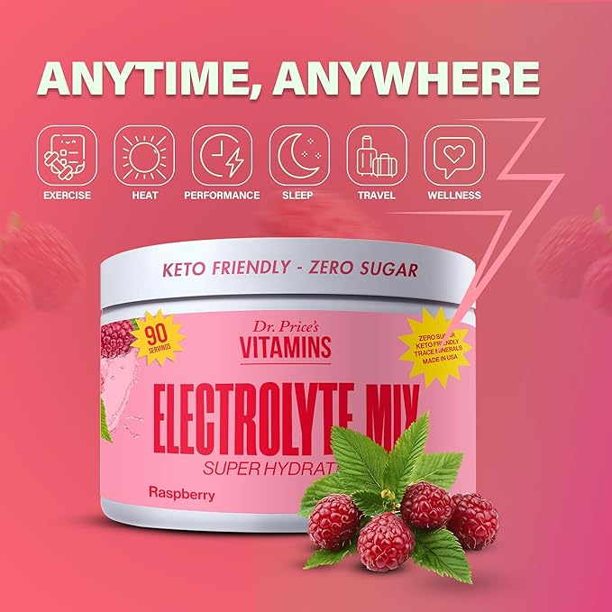 Dr. Price’s Electrolyte Mix | Sugar-Free Hydration Powder with 72+ Trace Minerals | No Sugar, Fast-Dissolving Electrolytes Powder Packets | Raspberry, 90 Servings