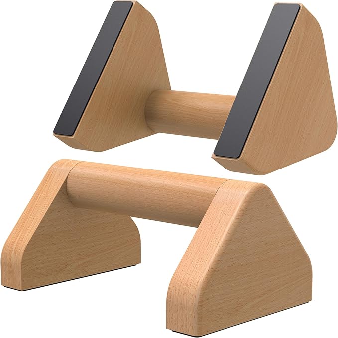 Kipika All-Wood Push Up Bars - 4" Beech Wood Push-up Handles for Floor, Non-Slip Rubber Base, Triangular Pushup Stands, Home Gym Fitness Equipment Perfect for Dips, L-Sit, Strength Training