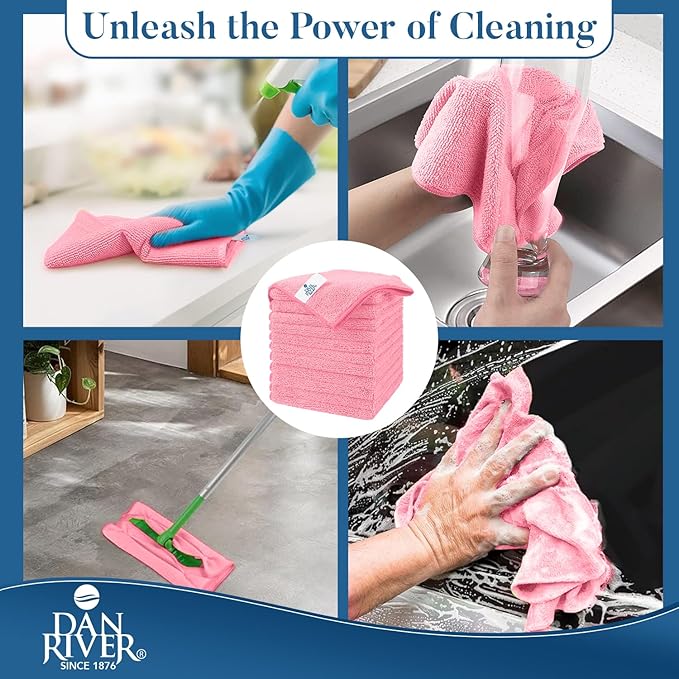 DAN RIVER 12-Pack Pink Microfiber Towels โ Ultra Absorbent, Lint-Free & Streak-Free Kitchen Cleaning Cloths for Home, Car & Kitchen - Must-Have Cleaning Essentials - 12" x 12"