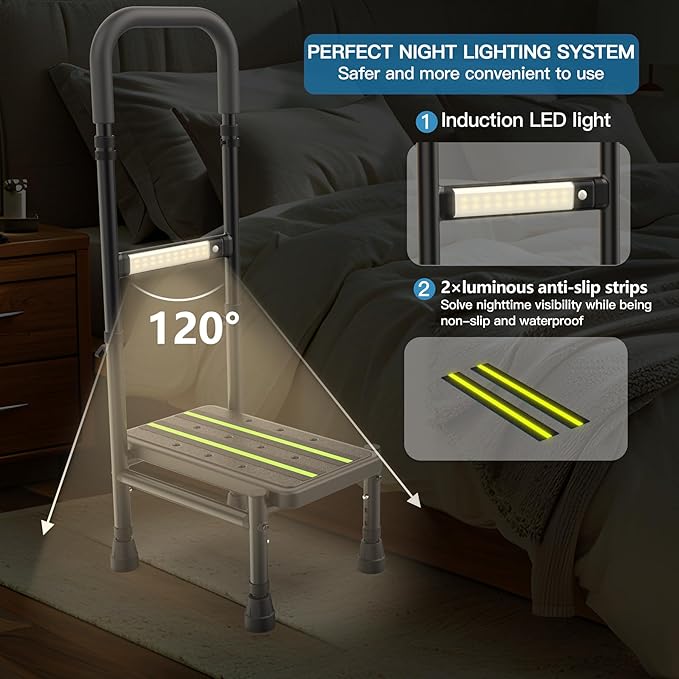 Step Stool with Handle for Elderly, Adjustable Handrail & Leg, Sensor Light, Medical Stepping Stools for High Bed Mobility & Daily Living Aids, Bedside Car Stair Lift for Senior Adults 450lbs