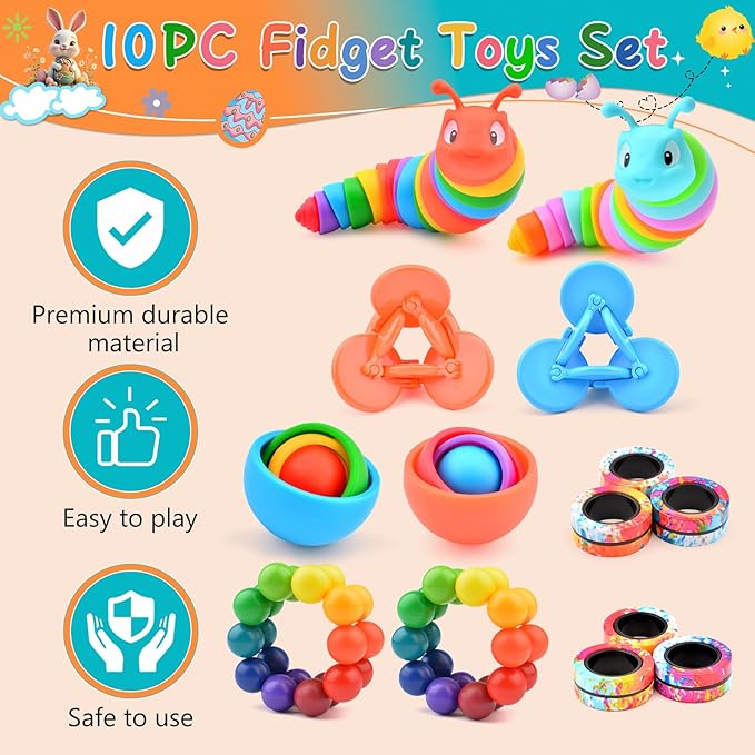 Fidget Toys Teen Pack, Fidget Spinner for Adults, Easter Gift for Boys 8-12, 10PC Sensory Toys Set for Kids Autism, Desk Toy Stress Relief Toys for ADHD