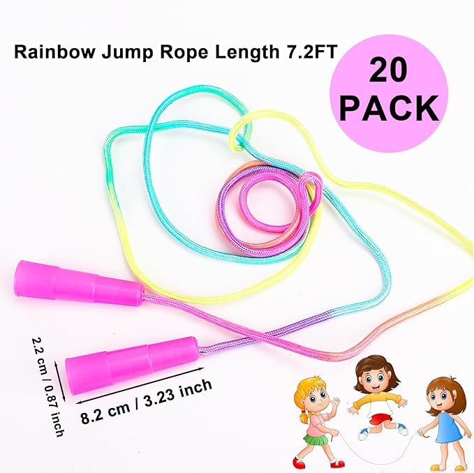 20 Pack Rainbow Jump Ropes,Kids Jump Rope with Plastic Handles,7.2 Ft Adjustable Skipping Rope for Kids,Vibrant Jumping Ropes for Outdoor Fun Exercise Fitness Activity Party Favors