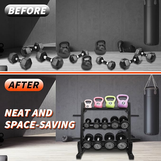 PENSUN 1200LBS Dumbbell Rack – 3 Tier Adjustable Weight Storage Stand with Side Barbell Plate Holder – Multi Purpose Home Gym Organizer for Dumbbells, Kettlebells, Barbell – Heavy Duty Alloy Steel