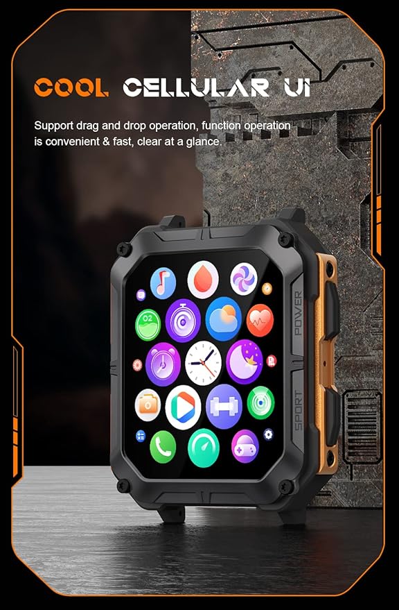 Gravity C20 Pro 1.83" Rugged Smartwatch, IP68 Waterproof, Bluetooth Call, AI Voice, 100+ Sports Modes, Heart Rate & Sleep Monitoring, Shockproof, Fitness Tracker for iOS & Android (Black)