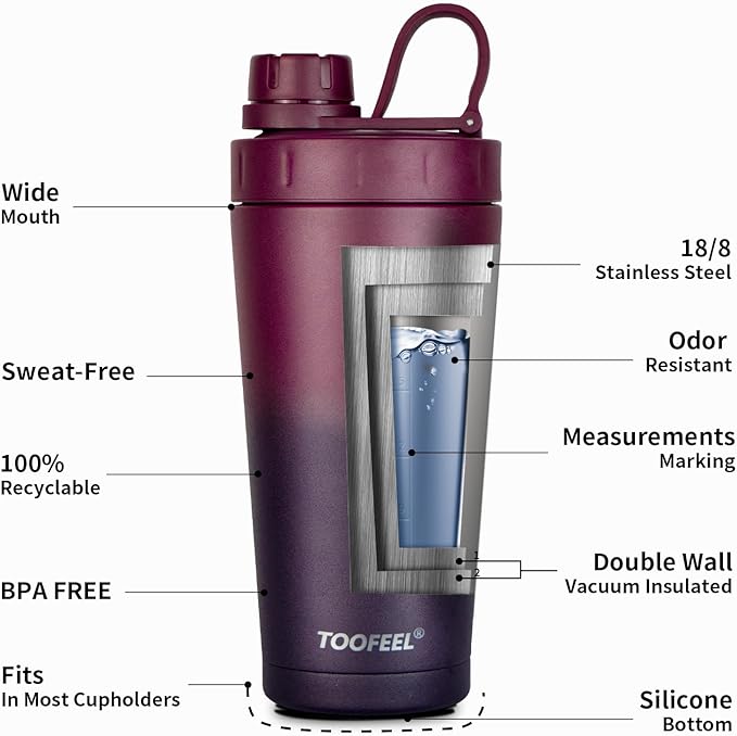 TOOFEEL Stainless Steel Shaker Bottle - 20 oz Double Walled Insulated Protein Shaker Cup, Keeps Cold/Hot for Gym Workout