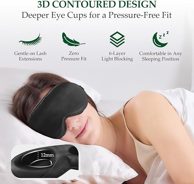 100% 22 Momme Mulberry Silk Sleep Mask with Adjustable Strap, 3D Contoured Cup Silk Eye Mask for Sleeping, Total Black Out, Black
