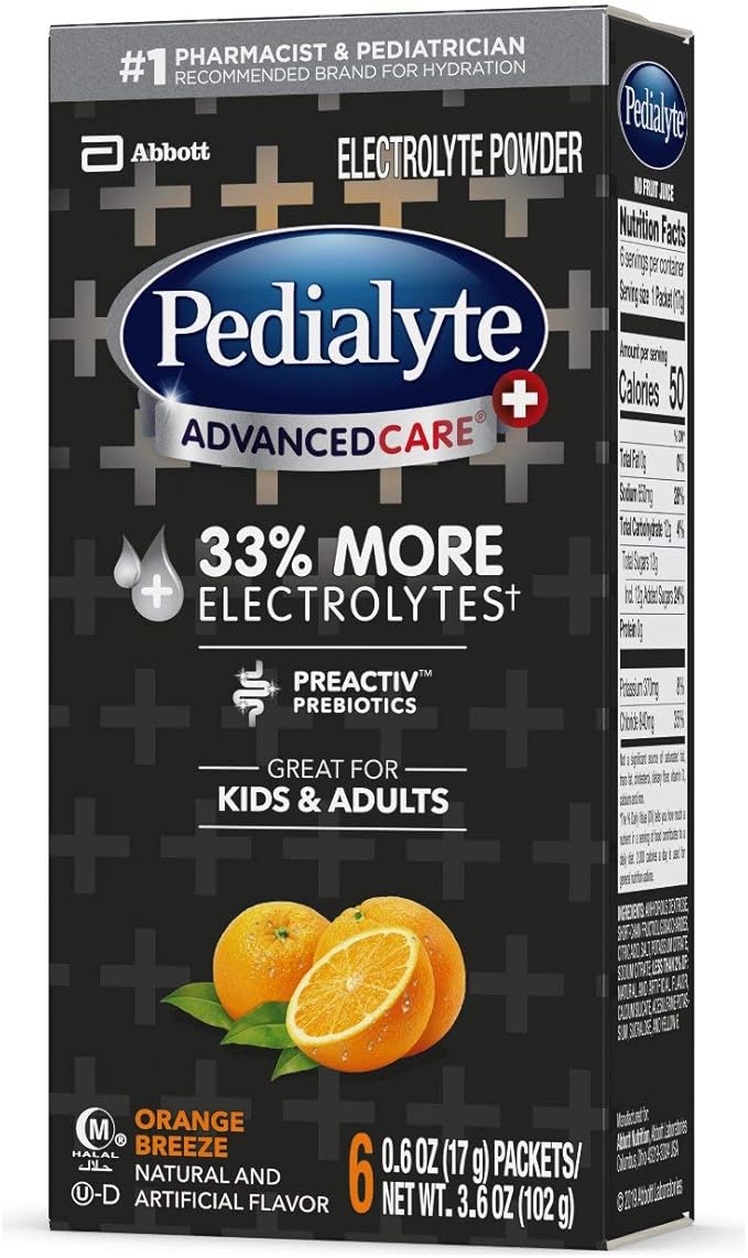 Pedialyte AdvancedCare Plus Electrolyte Powder, Has 33% More Electrolytes and PreActiv Prebiotics, Orange Breeze, 6 Powder Packets