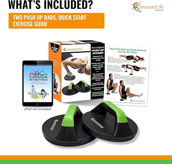 SmarterLife Push-Up Bar for Men & Women - Push-Up Handles for Floor to Prevent Elbow & Wrist Strain, Wide Grips with Non-Slip Rubber Pads for Comfort - Two Push-Up Bars & Workout Guide Included