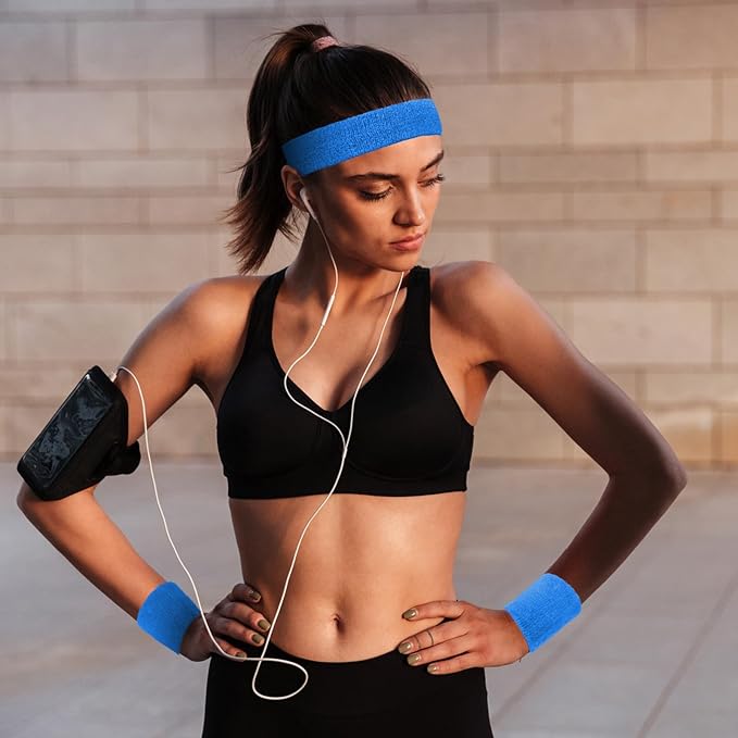 Civaner 12 Pcs 80s 90s Sweatbands Neon Headbands Wristbands for Men Women Party Sports Cotton Headbands Terry Cloth Athletic Sweat Bands for Tennis Football Gym Workingout Accessories