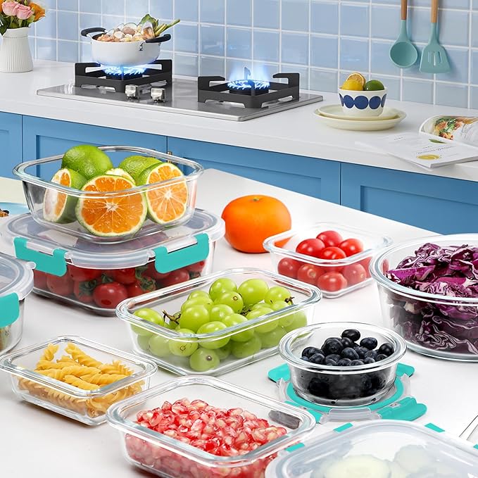 VERONES 30 Pieces Glass Meal Prep Containers Set, Stackable Glass Food Storage Containers with Lids-Airtight Glass Lunch Containers,for Microwave, Oven, Freezer & Dishwasher,Green