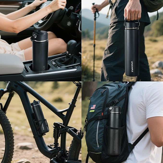 24oz Insulated Travel Water Bottle - Stainless Steel, Leakproof - Keep Hot for 12hrs & Cold for 30hrs - for Outdoors, Sports, Bike, Gym, Marathon - Gift for Women, Men (Black)