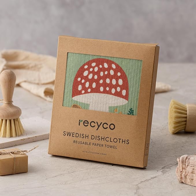 RECYCO Swedish Dishcloths for Kitchen | 6 Packs Forest Mushroom Washable Dish Rags | Cellulose Reusable Cleaning Paper Towels | Absorbent Counter Dish Cloth Sponge Kitchen Wipes, 8" L x 7" W
