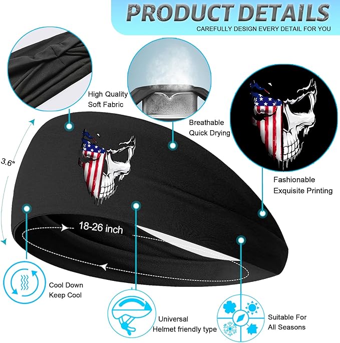 3pcs Sports Sweat Bands Headbands for Men Sweatbands Skull Workout Cooling Headbands for Men Women Running Headband Hairband Elastic Men's Head Sweat Band for Football