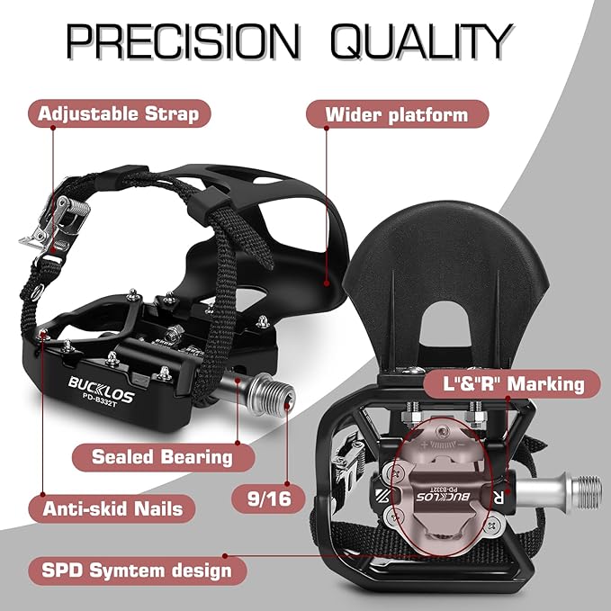 Bucklos Bike Pedals with Toe Cages and Straps - Bicycle Toe Clips Cage Compatible with Road Bike/Peloton/Mountian Bikes/MTB - Toe Clip Pedal for Wide Shoes Indoor Outdoor Cycling