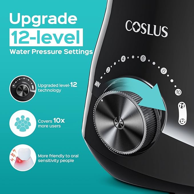 COSLUS Professional Water Flosser for Teeth: 12 Pressure Settings Electric Dental Pick for Tooth Cleaning, Sensitive Gums, Braces, Oral Care - Home Use, 4 Jet Tips for Multiple Users, Family, Black
