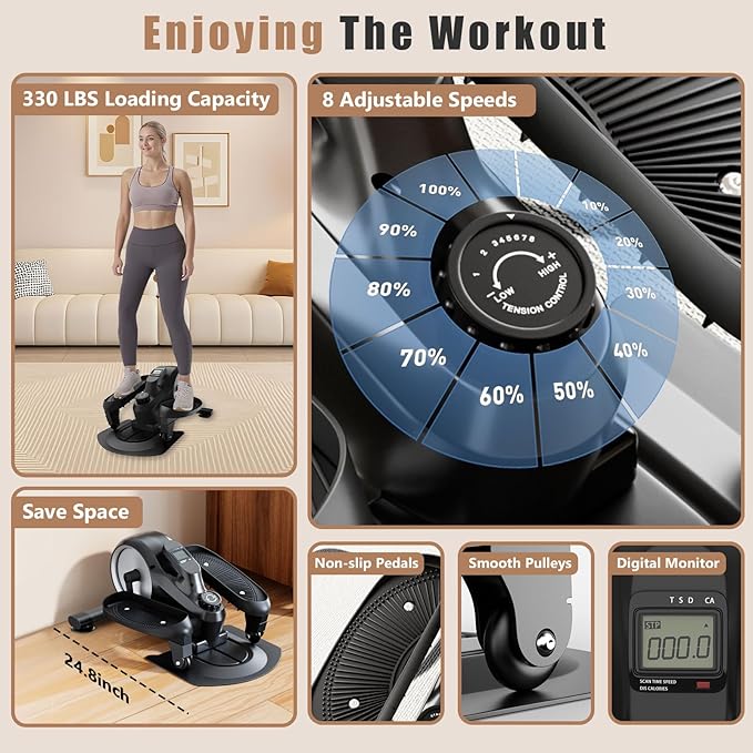 CRYSTAL FIT Under Desk Elliptical, Quiet & Portable Electric Seated Pedal Exerciser, Ellipse Leg Exerciser for Seniors Fully Assembled, 8 Level Speeds, Forward & Reverse Direction for Home Office