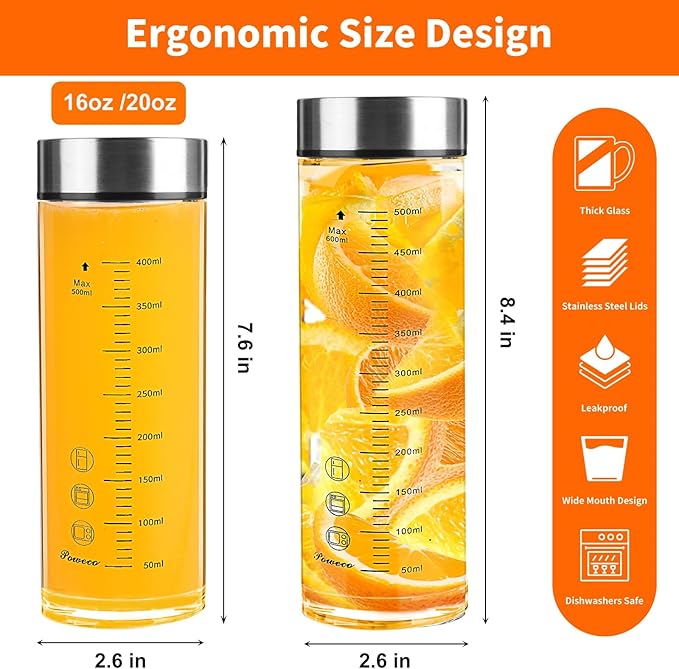 Glass Juice Bottles 4 Pack 20 oz - Wide Mouth Glass Water Bottles with Lids - for Juicing, Protein, Smoothie, Milk, Reusable, BPA Free, Stainless Steel Lids, Blender, Shaker Bottle (20oz/600ml)