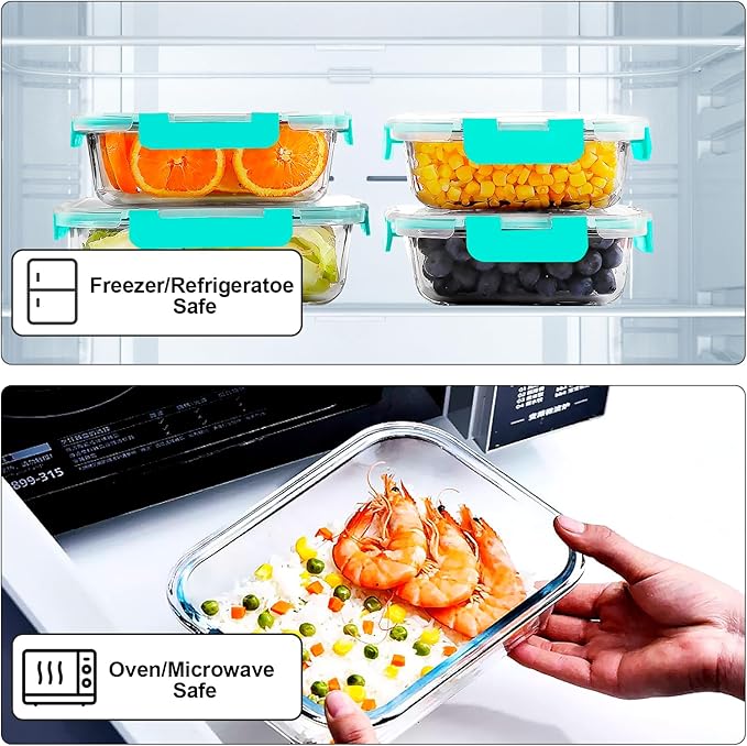 VERONES 10Pack Glass Meal Prep Containers, Airtight Glass Lunch Containers,Stackable Glass Food Storage Containers Set with Lids,Exclusive of BPA, for Microwave,Oven, Freezer&Dishwasher Friendly,Green