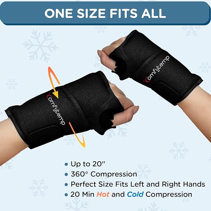 Comfytemp Wrist Ice Pack Wrap for Carpal Tunnel Relief, 2 Gel Packs, Hot Cold Compression Brace for Hand Injuries Reusable, Tenosynovitis, Men Women Gift (Black)