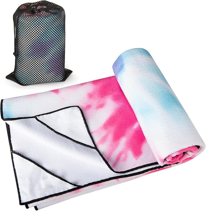 Colorful Star Yoga Towel with Corner Pockets, Non Slip Grip Dots Sweat Absorbent Hot Yoga Mat Towels, Yoga Blankets with Travel Bag, Mat Cover for Workout, Gym, Fitness - 70"x26", Pink Blue Tie-dye