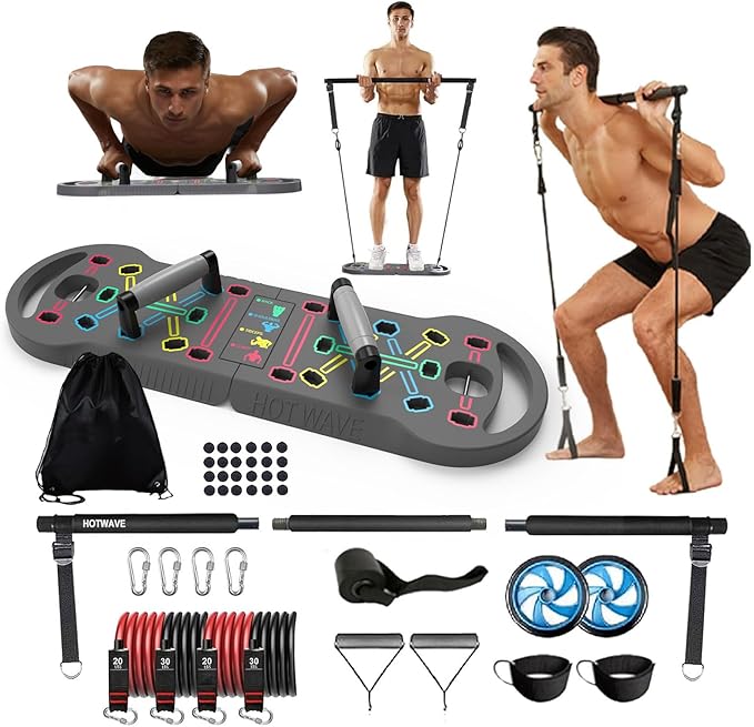 HOTWAVE Portable Exercise Equipment with 16 Gym Accessories.20 in 1 Push Up Board Fitness,Resistance Bands with Ab Roller Wheel,Full Body Workout at Home
